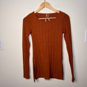 Anthropologie Ribbed Side-Slit Tunic Top XXS Long Sleeve Sweater Rust Orange